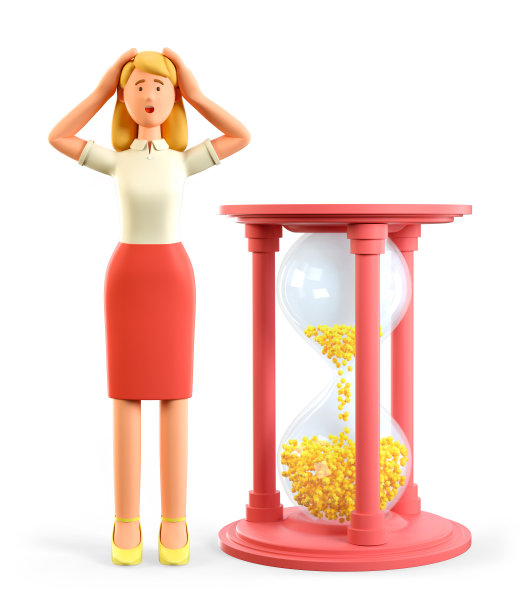 困惑美丽的金发女人站在一个巨大的沙漏旁边的3D插图，抓着她的头。失望的女商人感到压力的最后期限和项目时间限制。图片下载