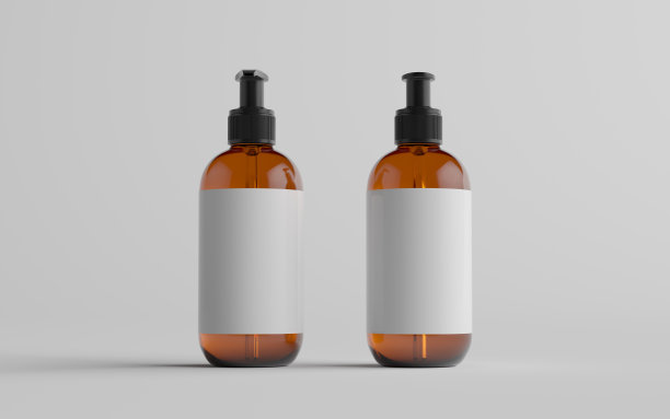 琥珀玻璃泵瓶模型-液体肥皂，洗发水分配器-前面和后面。空白的标签图片下载
