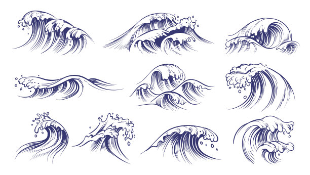大海手绘海浪素描风格大海图片下载