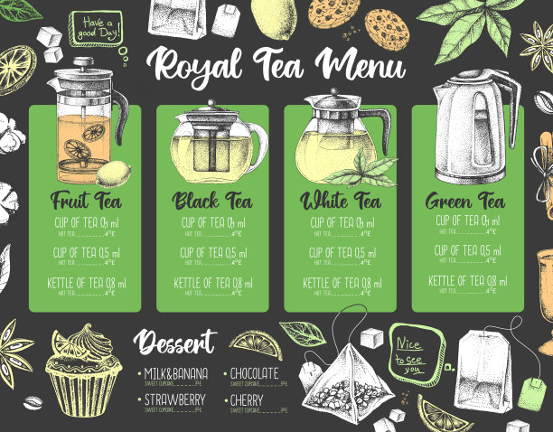 手绘艺术餐厅皇家茶菜单设计。茶壶装饰画。复古风格图片下载