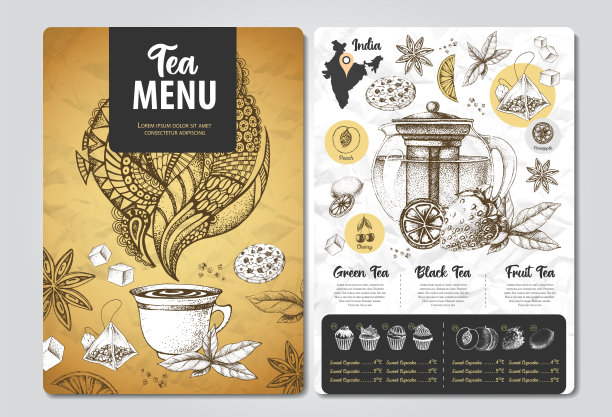 餐厅皇家茶菜单设计。茶壶装饰素描。复古风格图片下载