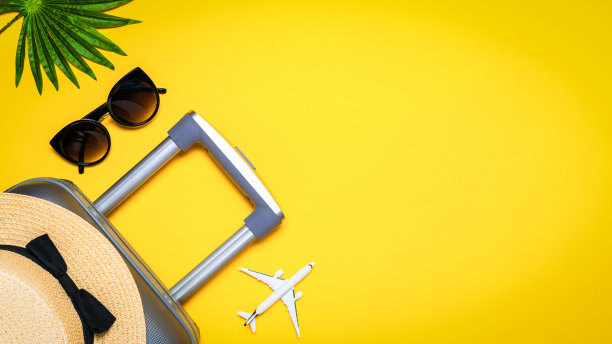 贝壳。手提箱、棕叶太阳镜、草帽、黄色背景上白色飞机的旅行构图。道路框架集。平躺，俯视图。图片下载