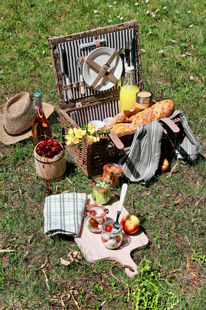 户外零浪费野餐。野餐篮，篮子里装着法棍面包和柠檬水，草地上放着奶酪、马苏里拉奶酪、番茄、樱桃、藤蔓和鲜花图片下载