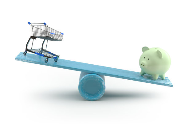 购物手推车和储蓄罐不平衡的跷跷板。3d渲染图片下载