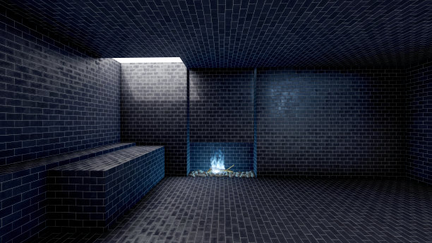 黑色现代空厅开放空间的内部，带有壁炉和蓝色火焰，3D渲染图片下载
