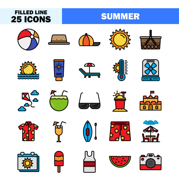夏季图标在填充线条风格的任何项目图片下载