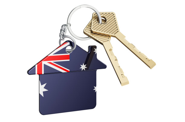 澳大利亚的房地产。家钥匙链与澳大利亚国旗。财产、租金或抵押概念。3D渲染孤立的白色背景图片下载