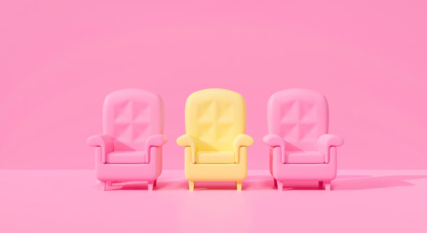 明亮的黄色沙发椅的3d渲染插图与明亮的一个不同的粉红色粉彩背景抽象在工作室。不同的迷你扶手椅突出的概念。图片下载