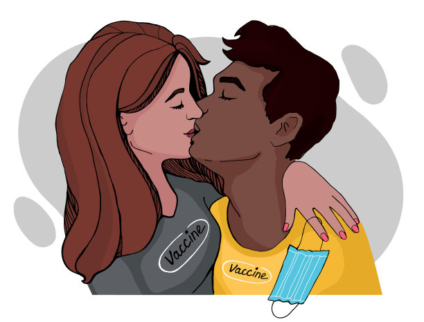 接种疫苗后，这对情侣摘下口罩亲吻。现代插图平。明信片，海报，书，小册子，杂志图片下载