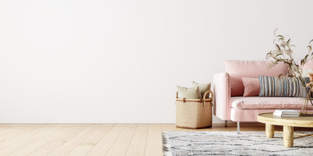 现代室内设计的客厅与粉红色的沙发，干植物装饰和空白的白色模拟墙背景素材图片