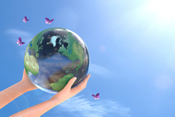 人类手中的地球的概念性插图。女人的手把地球对着太阳。环境的概念。三维渲染图片下载