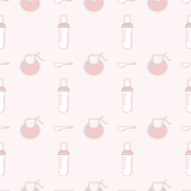 无缝模式。婴儿护理用品。一个装着牛奶和可爱围嘴的奶瓶。矢量插图的织物，包装，背景图片下载