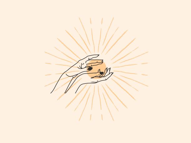 手绘矢量抽象股票平面图形插图与标志元素，魔术线艺术的黄金太阳，女性手和金色阳光在简单的风格的品牌，孤立的颜色背景图片下载