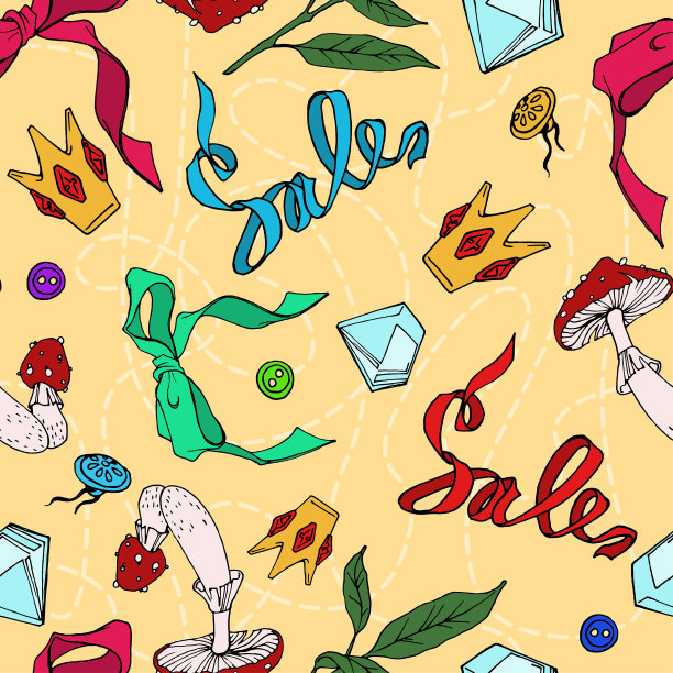 无缝模式与销售字，皇冠，蘑菇图片下载