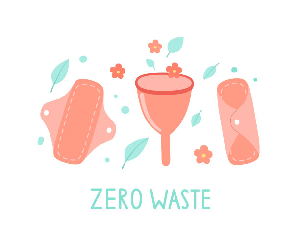 经期杯与女性布垫隔离在白色之上，生态理念，零浪费，自然卫生产品。现代矢量手绘插图。图片下载