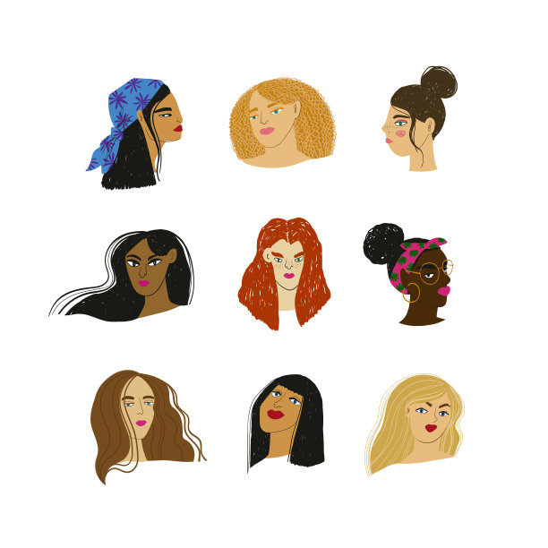 不同种族的卡通女性肖像图片下载