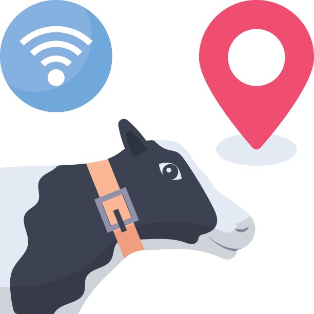 家畜跟踪器与位置概念矢量彩色图标设计，奶牛场数字转换符号在白色背景，数字农业标志，卫星农畜插图图片下载