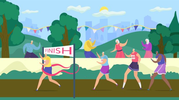 活跃的老年人有乐趣的比赛，矢量插图。快乐的退休人员在夏天的户外慢跑。老年时积极健身能增强健康。图片下载