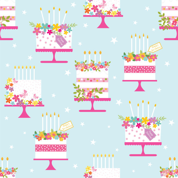 生日蛋糕无缝图案设计在蓝色背景图片下载