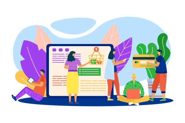 在设备网上市场，在网上买菜，矢量插图。人物客户使用数字商店技术。图片下载