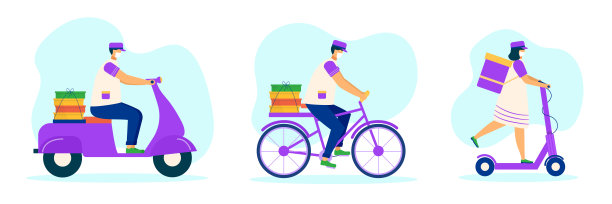 非接触式送货，带口罩的快递服务，矢量插图。工人个性订购包装、箱于运输图片下载