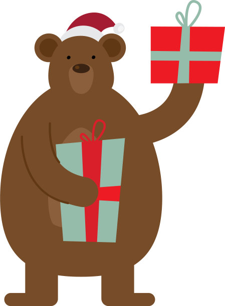 可爱的熊戴着圣诞老人的帽子和礼物图片下载