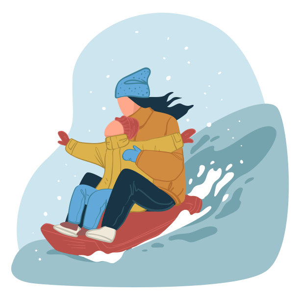 妈妈和孩子们在冬天坐雪橇下山图片下载