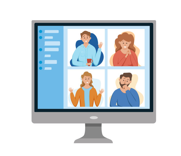 视频会议在线会议概念。矢量插图的人群在电脑屏幕上视频通话聊天与朋友在线。设计在线教育、工作坊、团队合作的模板图片下载