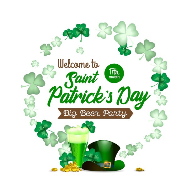 圣帕特里克节假日模式。数码艺术，用节日符号装饰海报。用它来制作印刷品或网页设计。矢量插图。图片下载