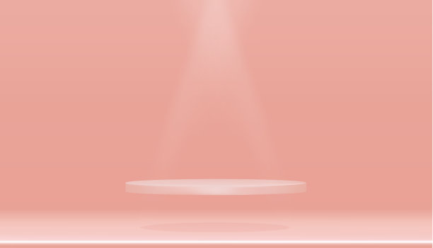 最小的讲台展示与圆柱体站在空墙与聚光灯在桃色，矢量现实3D孤立的空货架产品展示，化妆品产品展示或水疗展示图片下载