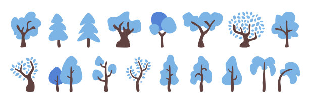 树集。涂鸦的孩子。蓝色的颜色。简单可爱和有趣的卡通设计。植物隔离。森林的背景。平面风格矢量插图。树的轮廓。图标集合。图片下载