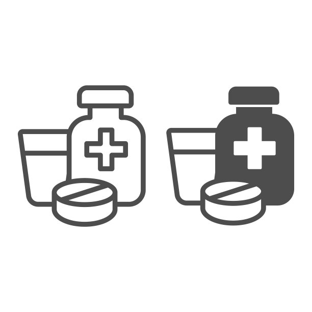 药用产品在瓶和片剂与玻璃线和固体图标，动物医院概念，医学标志在白色背景，药用瓶与药物和片剂图标在轮廓。向量。图片下载