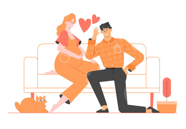 男人听怀孕妻子的肚子，准妈妈和爸爸，期待孩子，新生活，幸福的家庭，矢量扁平插画图片下载