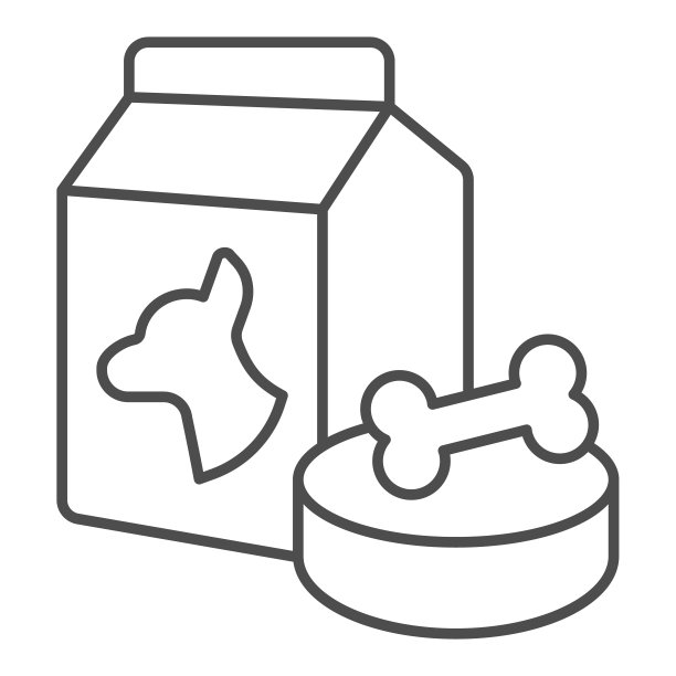 盒子与狗粮和碗与骨细线图标，动物医院概念，宠物食品标志在白色的背景，袋的宠物食品和碗图标在轮廓风格。矢量图形。图片下载