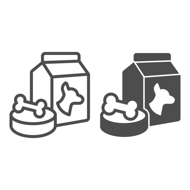 盒子与狗粮和碗与骨线和固体图标，动物医院概念，宠物食品标志在白色的背景，宠物食品袋和碗图标在轮廓风格。矢量图形。图片下载