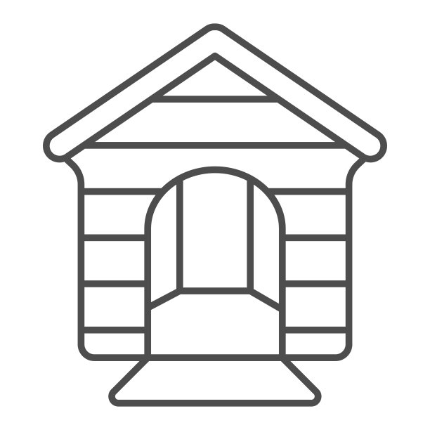 狗屋细线图标，动物医院概念，犬舍标志上的白色背景，狗屋图标在轮廓风格的移动概念和网页设计。矢量图形。图片下载