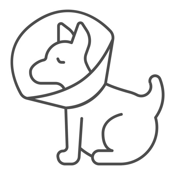 小狗与保护项圈细线图标，动物医院的概念，宠物伊丽莎白项圈标志上的白色背景，狗保护锥图标轮廓风格的移动，网络。矢量图形。图片下载