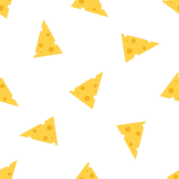 奶酪无缝模式。一块块黄色的奶酪，孤立在白色的背景上。各种形状的奶酪片。矢量平面插图图片下载