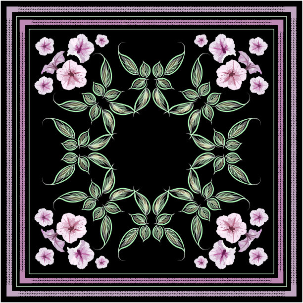 矢量花卉图案与装饰的叶子和粉红色的花在黑色背景的纺织品设计，织物，围巾，披肩，头巾，方图案。图片下载