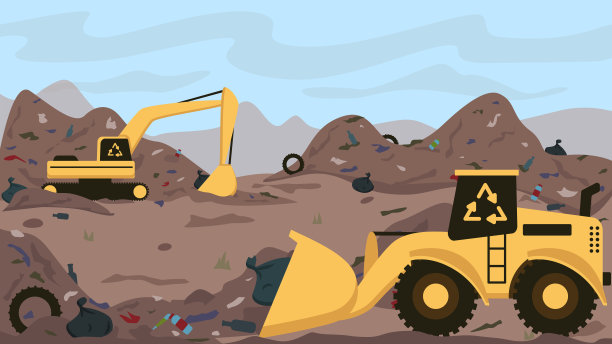 在垃圾场，废物回收设备在工作，清除垃圾，净化大自然的污染。回收垃圾的理念，拯救地球。图片下载