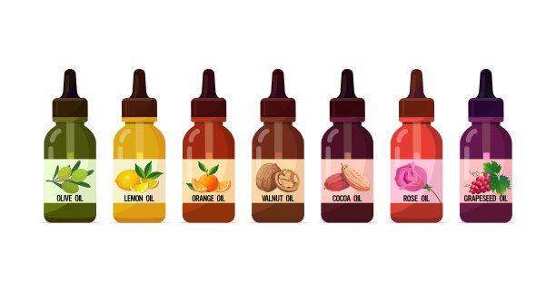 设置现实的油玻璃瓶与滴管化妆品液体成分的食品饮料和水疗产品护肤概念水平图片下载
