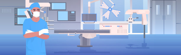 男医生，外科医生，戴着防护口罩和手套，医院医务室工作人员，在统一的医疗保健理念，现代诊所手术室室内肖像水平图片下载