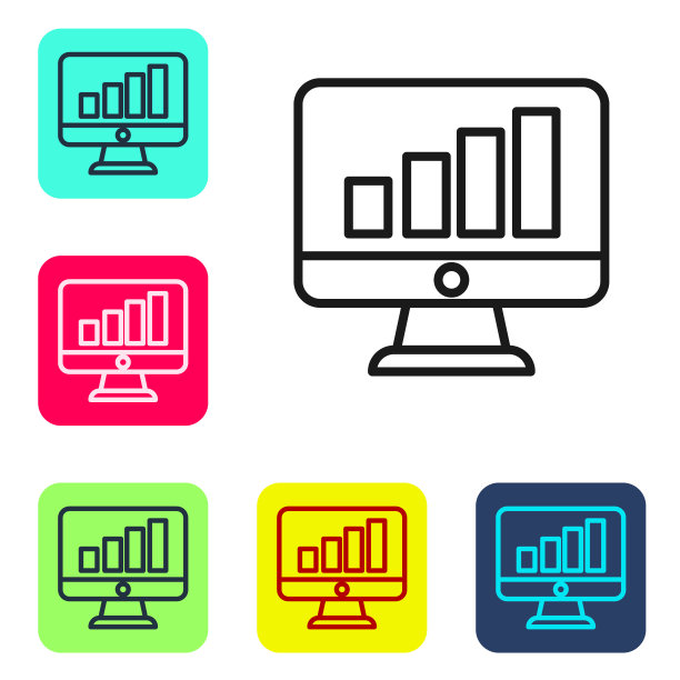 黑线计算机显示器，图形图表图标隔离在白色背景上。报告文本文件。会计的迹象。审计、分析规划。设置图标的颜色方形按钮。向量图片下载