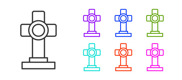黑色线坟墓与十字图标隔离在白色背景。设置图标丰富多彩。向量图片下载