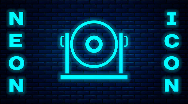 发光的霓虹灯锣鼓乐器圆形金属圆盘图标孤立在砖墙的背景上。向量图片下载