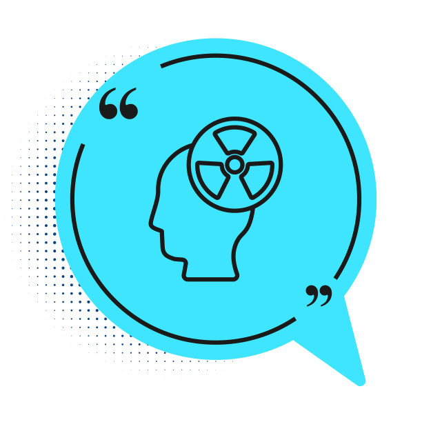 黑线人的头部轮廓和辐射标志图标孤立在白色的背景上。蓝色语音气泡符号。向量图片下载