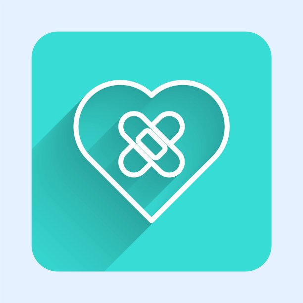 白线愈合破碎的心或离婚icon孤立与长影。破碎和修补的心。爱的象征。情人节。绿色广场按钮。向量图片下载