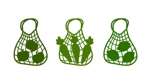 剪影图标一套市场绳袋与胡萝卜，苹果，柠檬图片下载