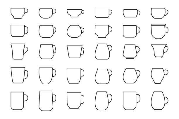 咖啡或茶杯黑色轮廓图标集合向量图片下载