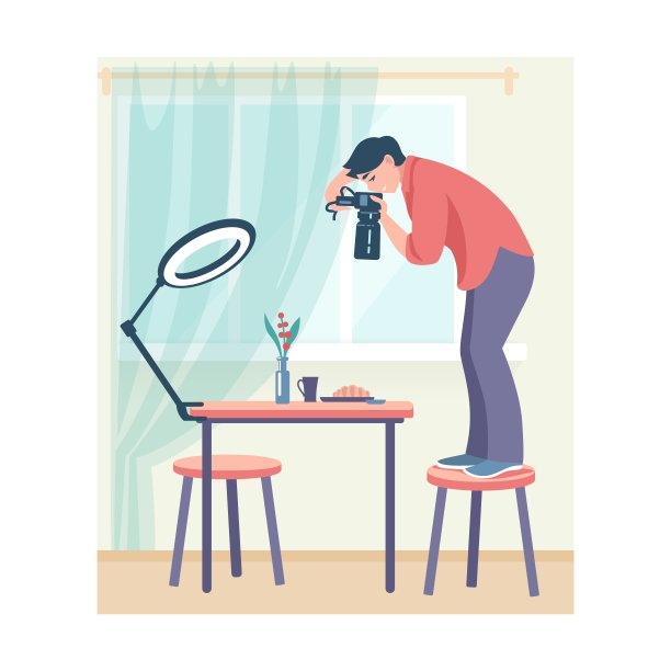 摄影工作室。卡通女人站在椅子上拍照。年轻女性用专业相机和灯光设备拍摄餐桌照片。矢量美食博主图片下载